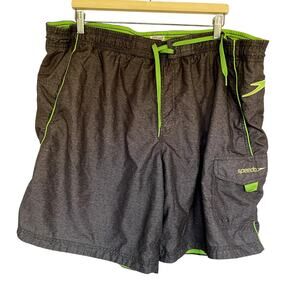 Speedo gray neon green swim trunks men's shorts size XL pockets elastic waist